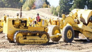 Caterpillar D8F Crawler Tractor and Towed Scraper working