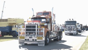 Trucks heading to the Parade at the 2024 Horsepower Rally